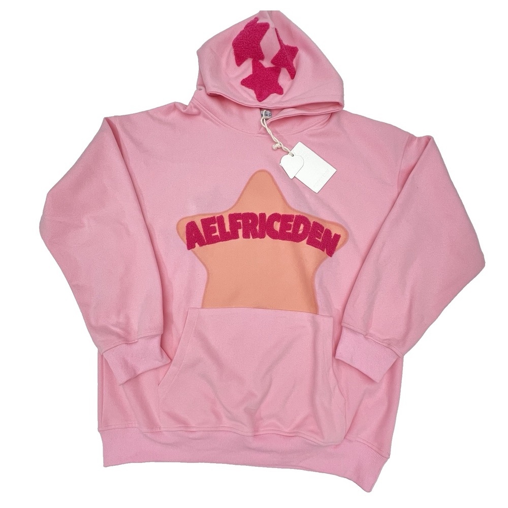 Aelfric Eden Hoodie Large Pink Star Chenille Oversized Pullover Sweatshirt NWT